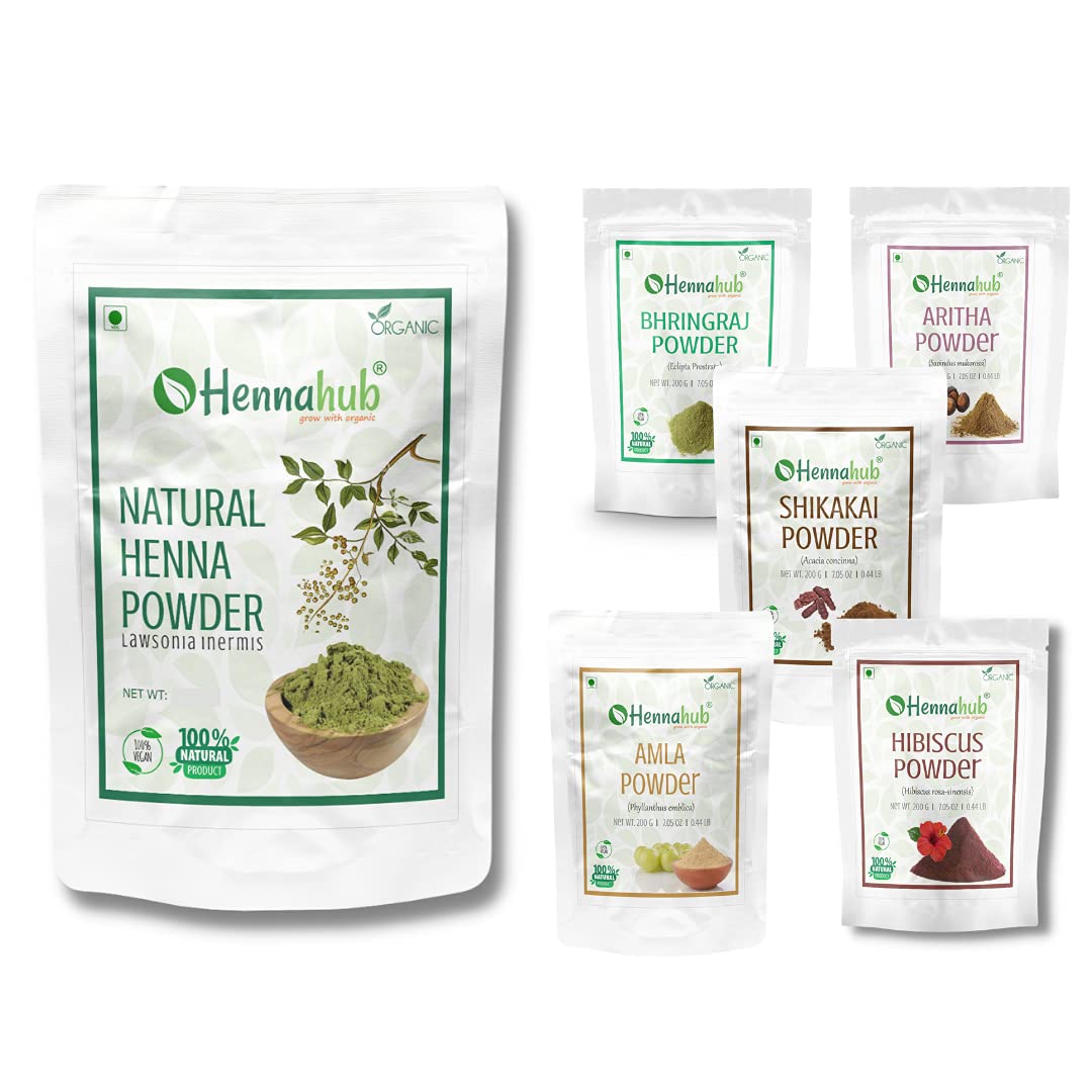 Natural Henna 1 kg + Amla, Reetha, Shikakai, Bhringraj, Hibiscus Powder for Hair , 200g each (Pack of 5) - hennahubstore Natural Henna 1 kg + Amla, Reetha, Shikakai, Bhringraj, Hibiscus Powder for Hair , 200g each (Pack of 5) - hennahubstore