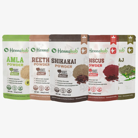 Hennahub Premium Amla, Reetha, Shikakai, Hibiscus, Bhringraj Powder Combo | Double Filter 100gm Each | Ultimate Natural Hair Care Pack of 5