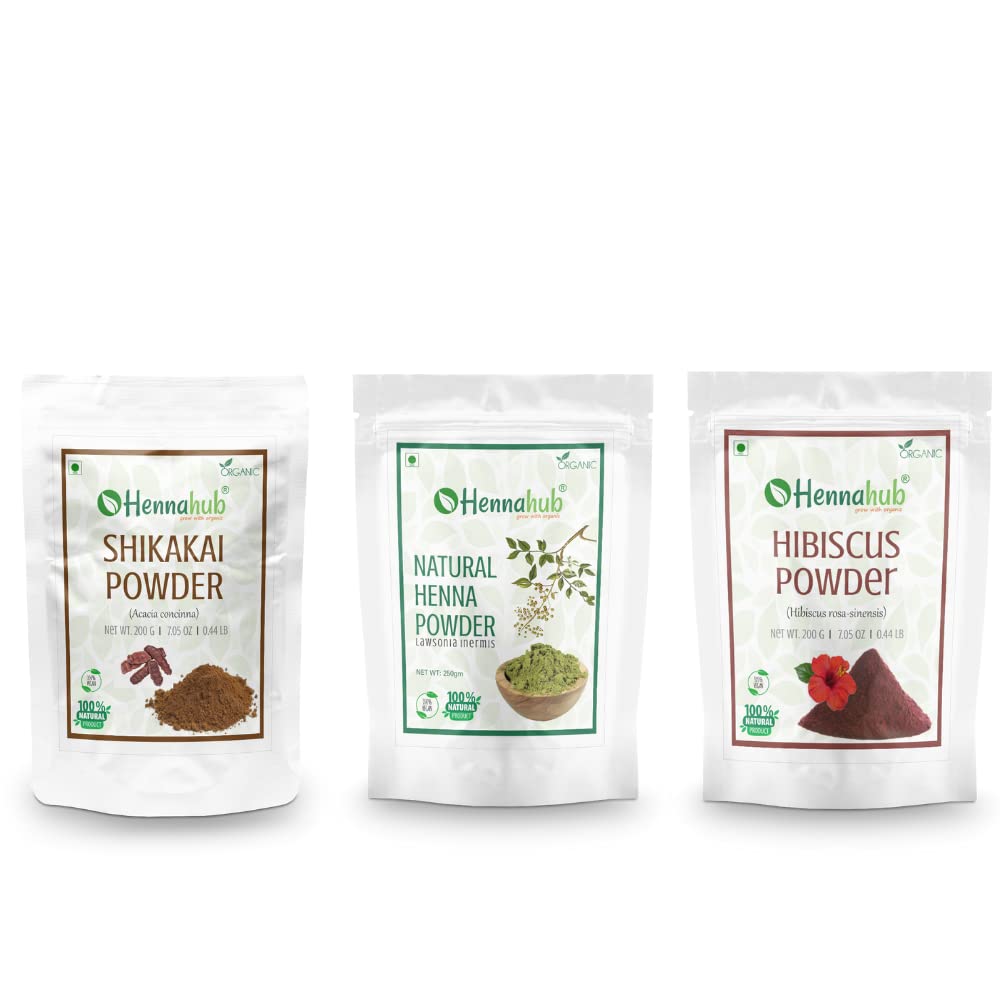 HENNAHUB Shikakai, Henna and Hibiscus powder 200g x 3 pack | Organic Hair care Combo Pack | Total 600 gm