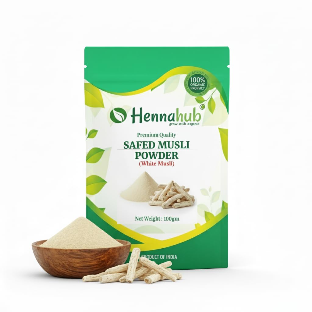 Hennahub Safed Musli Powder (Food Grade) 100gm Pack | 100% Pure Chlorophytum borivilianum Root Powder | Natural Plant-Based Ingredient for Smoothies, Milk & Herbal Drinks