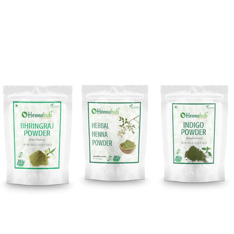 HENNAHUB Bhringraj, Herbal Henna and Indigo powder 200g x 3 pack | Organic Hair care Combo Pack | Total 600 gm