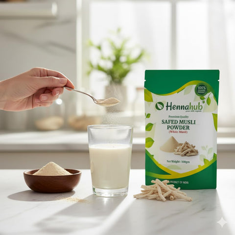 Hennahub Safed Musli Powder (Food Grade) 100gm Pack | 100% Pure Chlorophytum borivilianum Root Powder | Natural Plant-Based Ingredient for Smoothies, Milk & Herbal Drinks