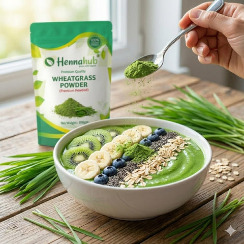 Hennahub Wheatgrass Powder 100gm (Food Grade) | Triticum aestivum / Gehun Ka Jawan Patta / Young Wheat Leaf Powder | Natural Green Superfood for Smoothies, Juices & Detox Drinks