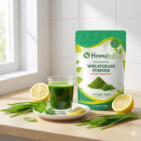 Hennahub Wheatgrass Powder 100gm (Food Grade) | Triticum aestivum / Gehun Ka Jawan Patta / Young Wheat Leaf Powder | Natural Green Superfood for Smoothies, Juices & Detox Drinks