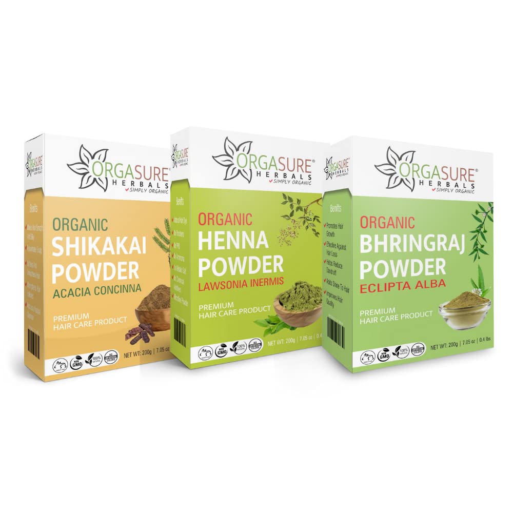 ORGASURE Shikakai, Henna and Bhringraj powder 200g x 3 pack | Organic Hair care Combo Pack | Total 600 gm