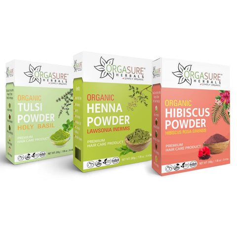 ORGASURE Tulsi, Henna and Hibiscus powder 200g x 3 pack | Natural Hair care pack | Total 600 gm