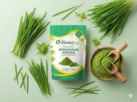 Hennahub Wheatgrass Powder 100gm (Food Grade) | Triticum aestivum / Gehun Ka Jawan Patta / Young Wheat Leaf Powder | Natural Green Superfood for Smoothies, Juices & Detox Drinks