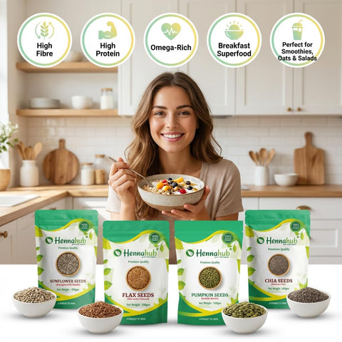 Hennahub Super Seeds Breakfast Mix | Pumpkin Seeds, Sunflower Seeds, Flax Seeds & Chia Seeds | 4 in 1 Combo | Pack of 4 x 100g Each | High Fibre & Protein