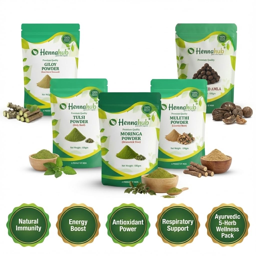 Hennahub Advanced Immunity Booster Combo | Giloy, Tulsi, Moringa, Mulethi Powder & Raw Dried Amla | Pack of 5 |  Energy, Antioxidants & Natural Immunity | Ayurvedic Wellness Pack