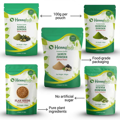 Hennahub Complete Sugar Care Combo | Jamun Powder, Karela Powder, Moringa Powder, Flax Seeds & Stevia (Powder | Pack of 5 | Blood Sugar Management, Metabolism & Weight Control | Ayurvedic Daily Support