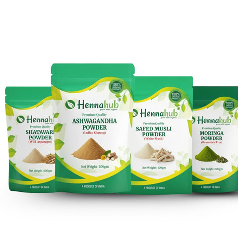Hennahub Women’s Wellness & Hormone Support Combo | Shatavari, Ashwagandha, Safed Musli & Moringa Powder | Pack of 4 x 100g | Hormonal Balance, Energy, Strength & Daily Nutrition | 100% Ayurvedic