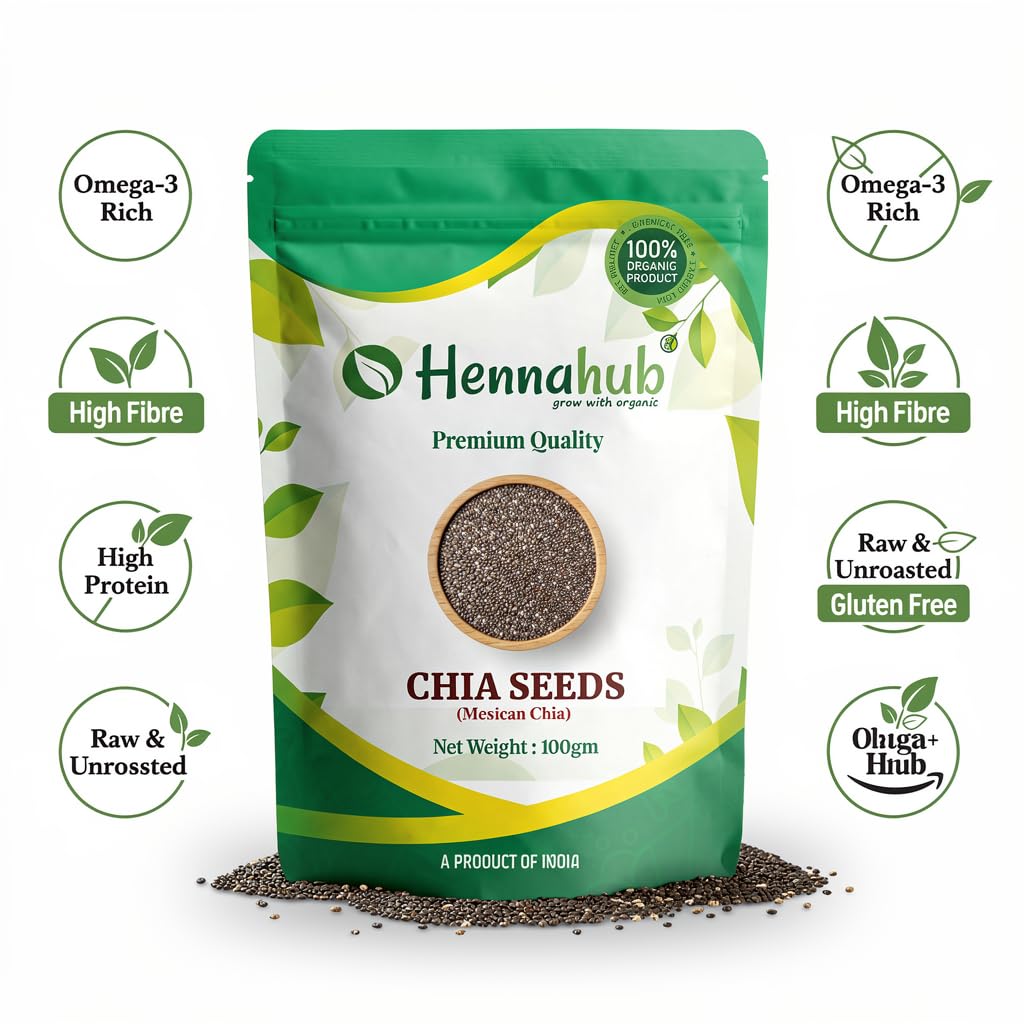 Hennahub Premium Chia Seeds 100g | Raw & Unroasted | Omega-3, Fibre & Protein-Rich Superfood | Gluten-Free Seeds for Smoothies, Puddings, Weight Loss, Salads & Daily Nutrition