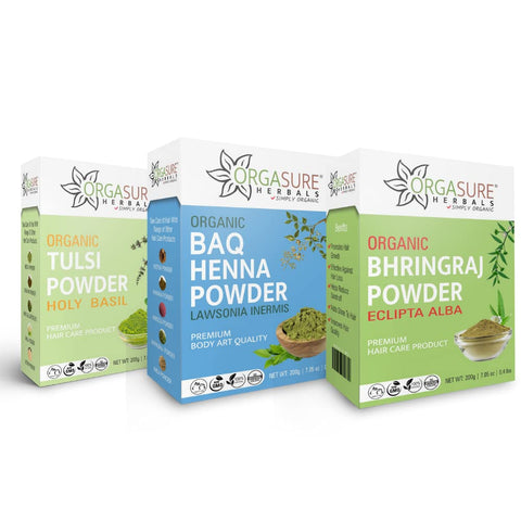 ORGASURE Tulsi, BAQ Henna and Bhringraj powder 200g x 3 pack | Natural Hair care pack | Total 600 gm