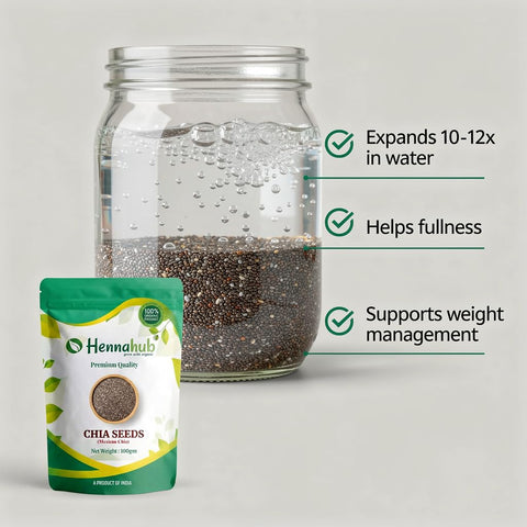 Hennahub Premium Chia Seeds 100g | Raw & Unroasted | Omega-3, Fibre & Protein-Rich Superfood | Gluten-Free Seeds for Smoothies, Puddings, Weight Loss, Salads & Daily Nutrition