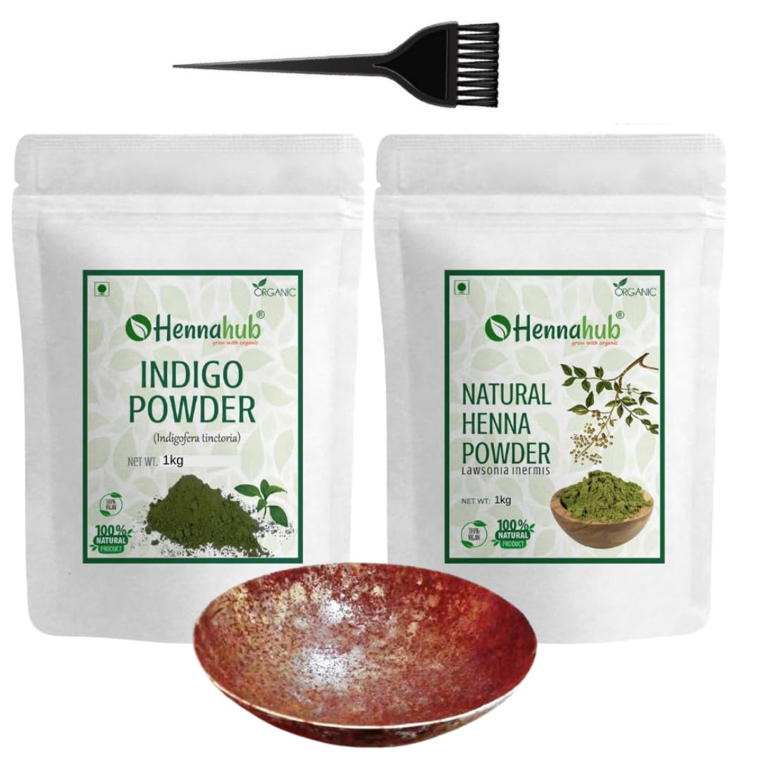 HENNAHUB Natural Organic Henna Powder 1 kg And Organic Indigo Powder 1 kg with Free Iron Ball ,Hair Dye Brush, Gloves and Shower Cap, No PPD, No Chemical