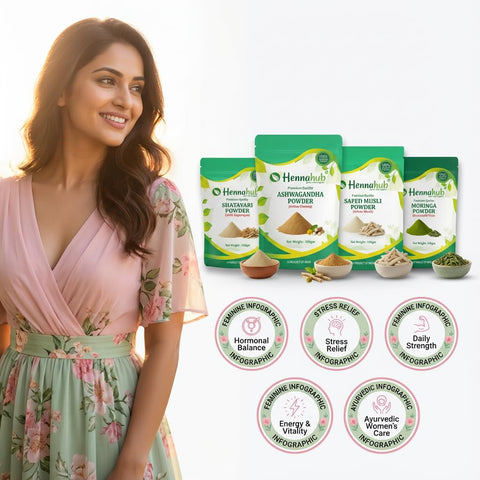 Hennahub Women’s Wellness & Hormone Support Combo | Shatavari, Ashwagandha, Safed Musli & Moringa Powder | Pack of 4 x 100g | Hormonal Balance, Energy, Strength & Daily Nutrition | 100% Ayurvedic