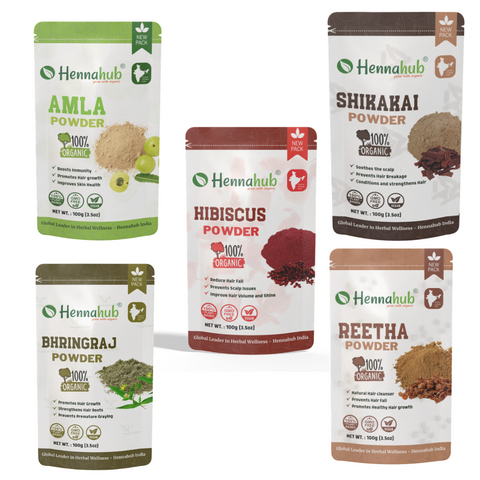 Hennahub Premium Amla, Reetha, Shikakai, Hibiscus, Bhringraj Powder Combo | Double Filter 100gm Each | Ultimate Natural Hair Care Pack of 5